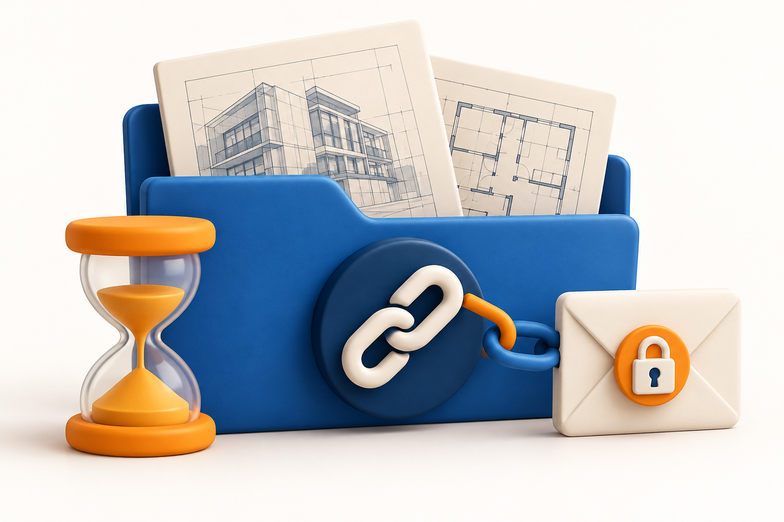 Original 16 October 2026 clay-style conceptual illustration: ProjectSight public links. Not a product screenshot or certified project model.