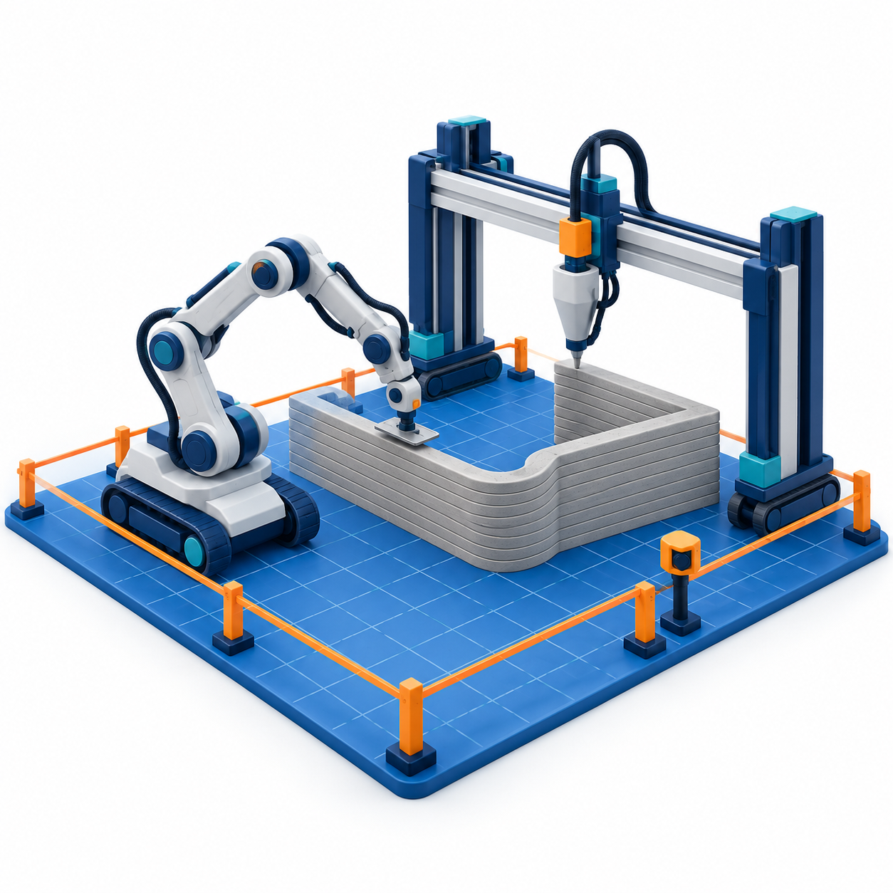 Original 9 October 2026 clay-style conceptual illustration: Construction robotics funding targets integrated systems. Not a product screenshot or verified project model.