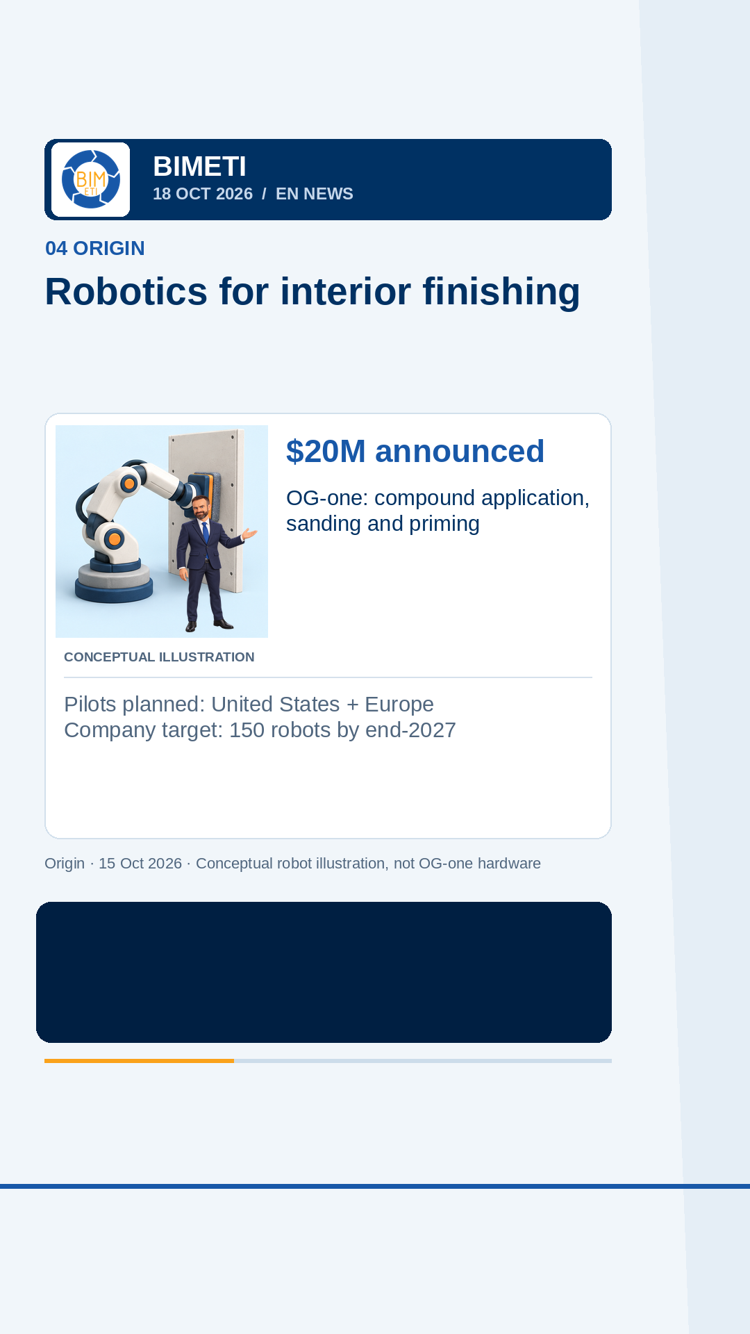 Original rendered 18 October 2026 story card: Origin interior-finishing robot and whole-cycle testing. Conceptual AI illustration, not a product screenshot.