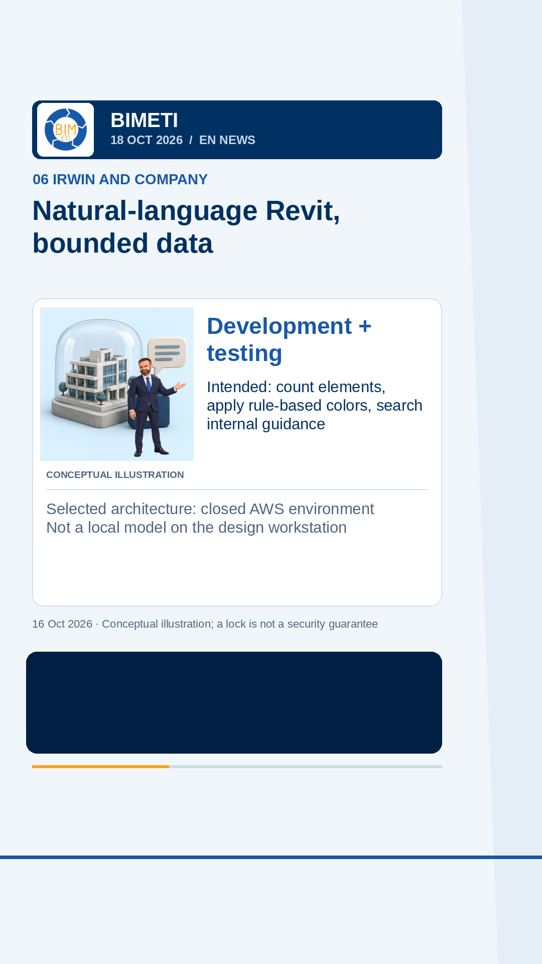 Original rendered 18 October 2026 story card: Irwin Revit integration experiment in a protected cloud. Conceptual AI illustration, not a product screenshot.