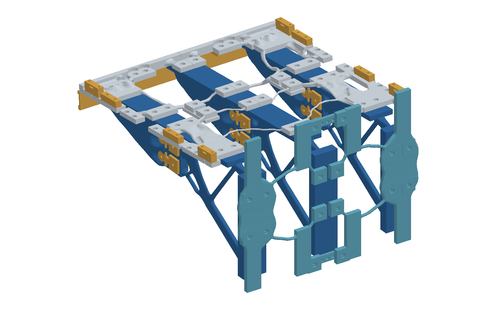 Original assembly-guide CAD view: blue support ribs, teal wall panels, grey deck and gold fittings in the 32-part shelf.