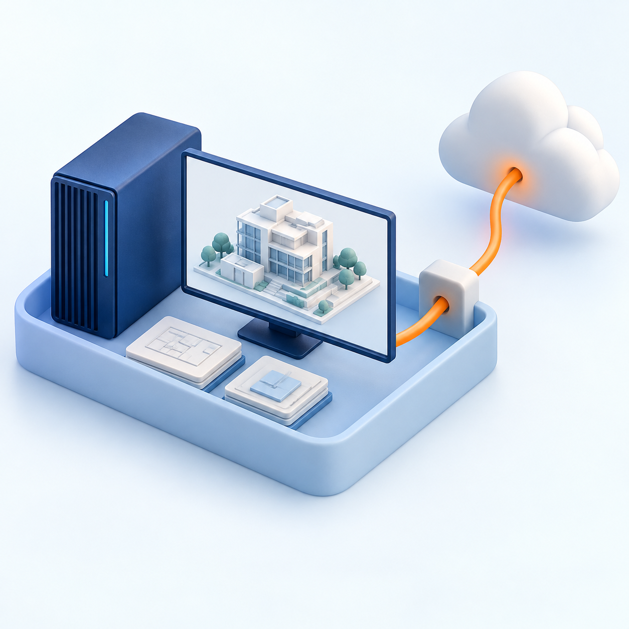 Original AI-generated clay artwork for 19 October 2026: a local workstation connected to a cloud, illustrating local and hybrid AI responsibility.