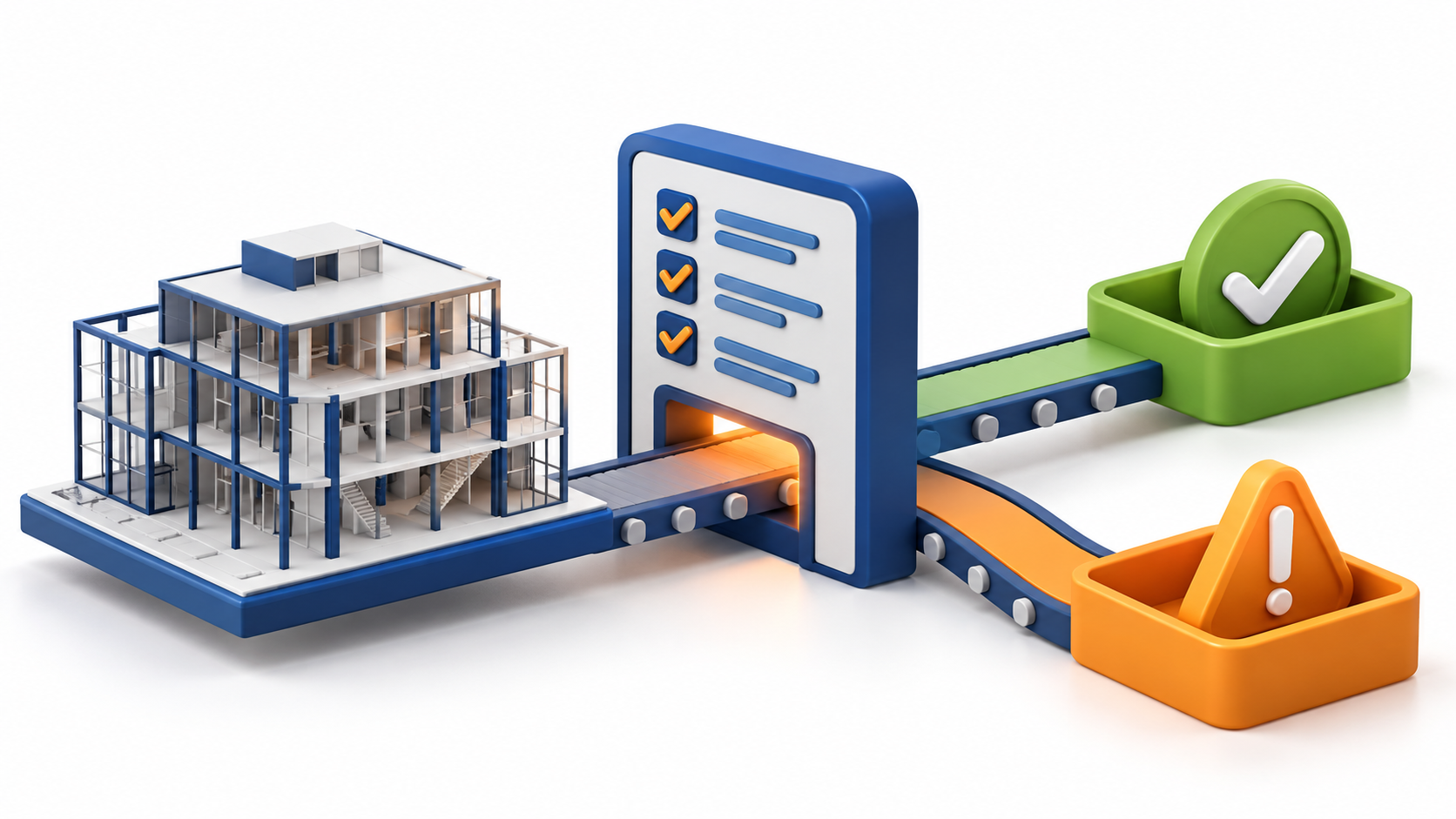 AI-generated clay illustration of a building model passing a requirements checklist gate into pass and issue trays: conceptual IFC and IDS validation.
