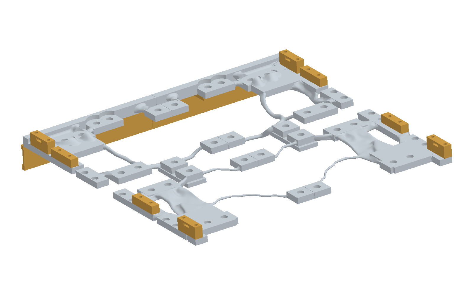 CAD assembly-guide view highlighting gold side stops, front label holders and model-capture cleats. Textile retaining straps are not shown.