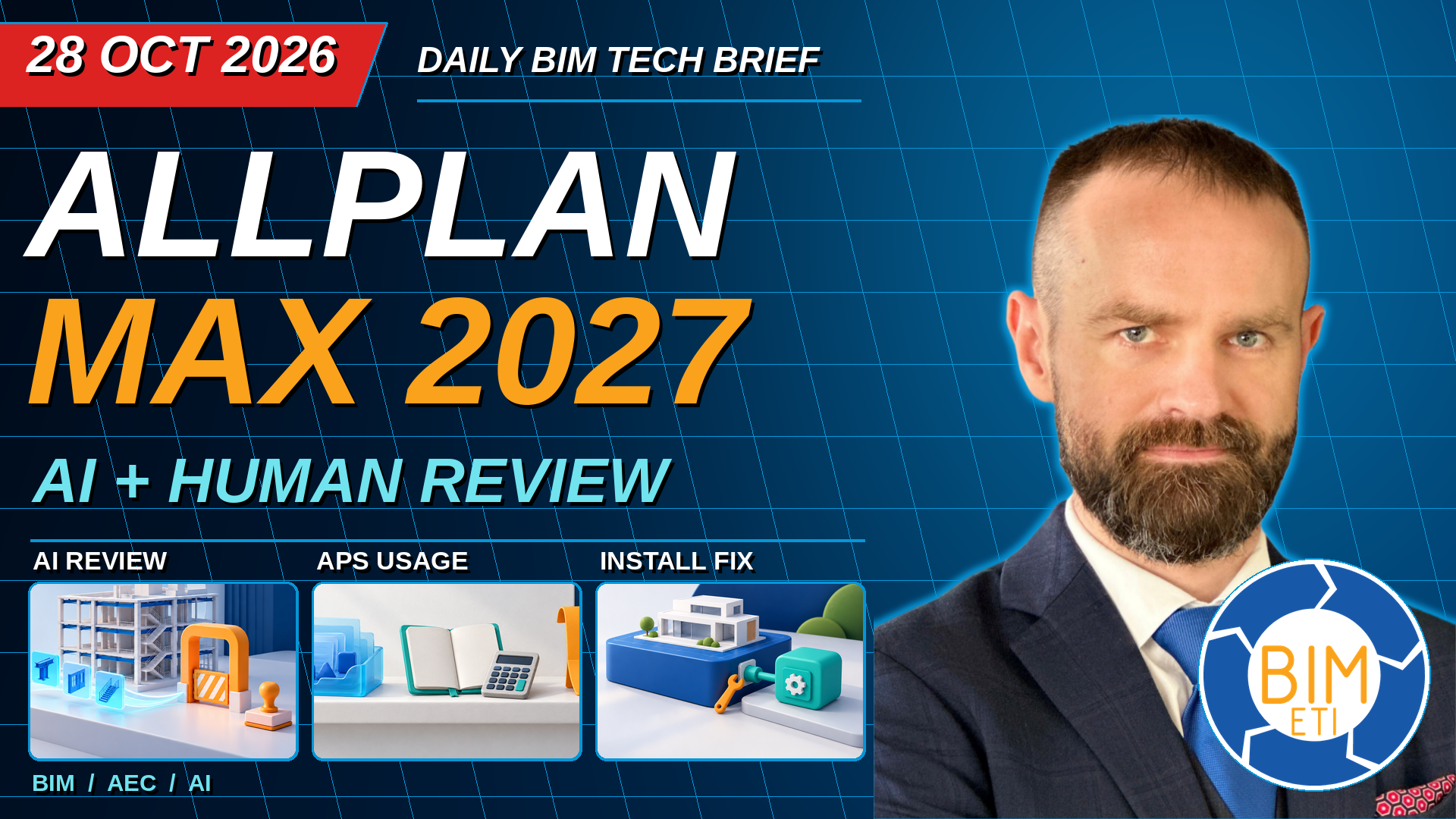 BIMETI Daily BIM Tech Brief thumbnail for 28 October 2026: practical control of AI review, API usage and installation.