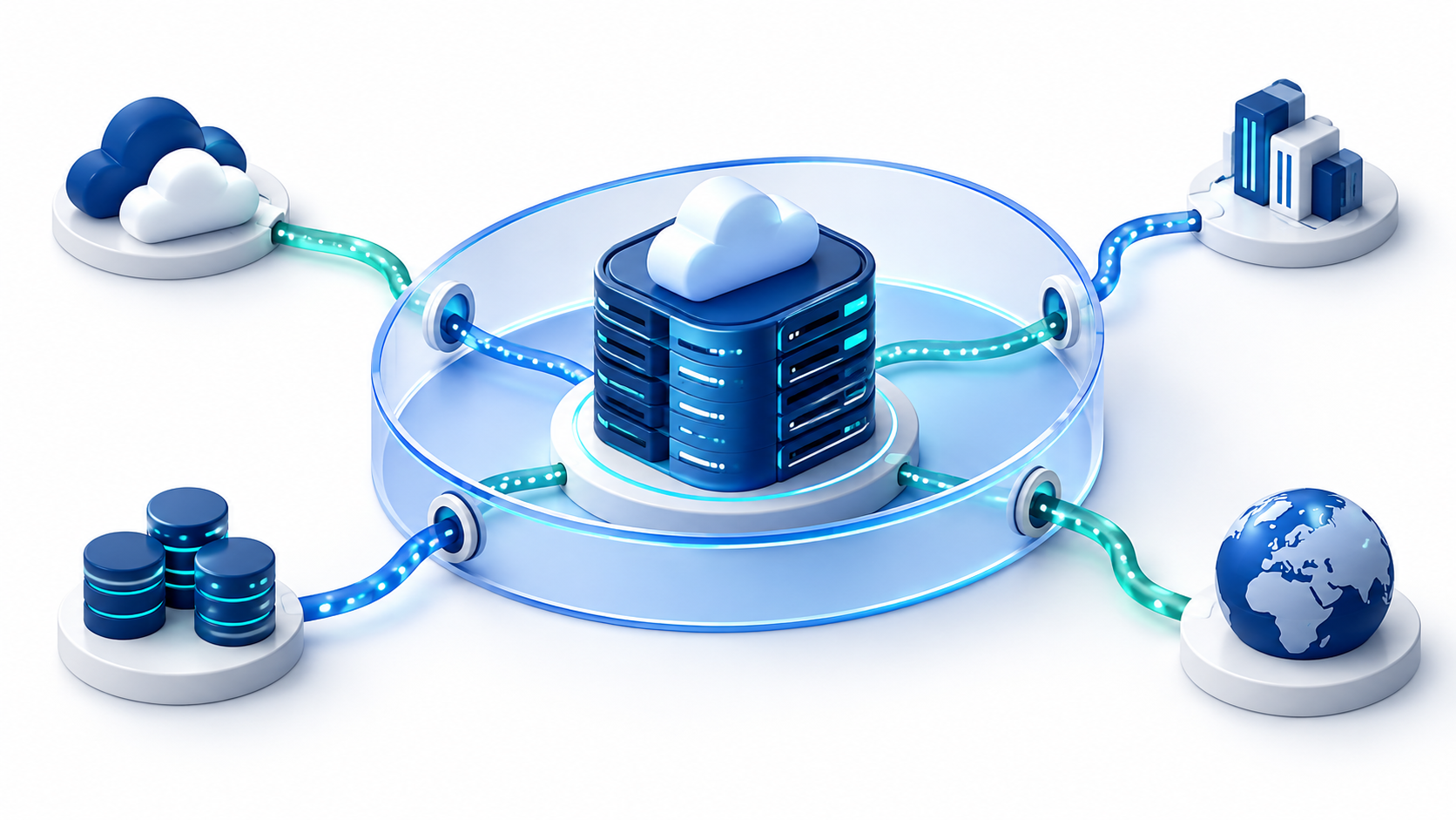 AI-generated clay illustration of a regional cloud server boundary and external integration nodes, illustrating why data paths need separate compliance review.