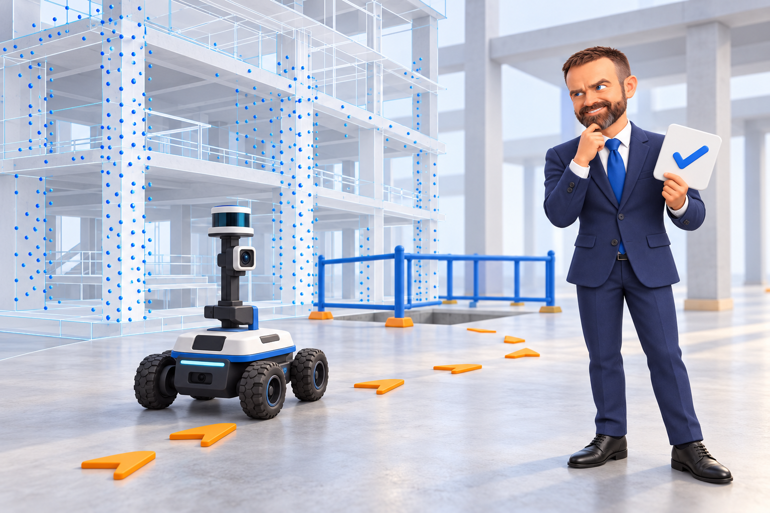 Original 15 October 2026 clay-style conceptual illustration: robot-ready BIM information. Not a product screenshot or verified project model.