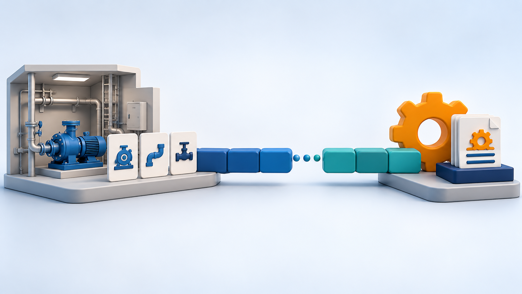 Conceptual clay asset handover linking a building record and pump to an operations register, illustrating a planned connection rather than a completed integration.