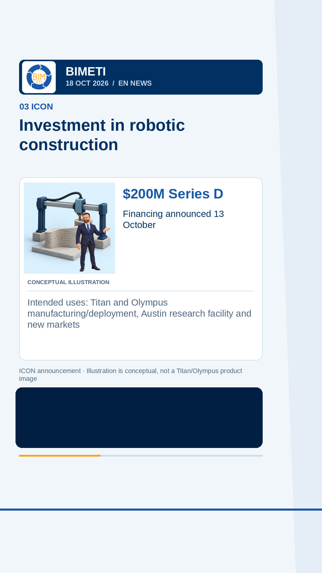 Original rendered 18 October 2026 story card: ICON robotic construction investment and model handover. Conceptual AI illustration, not a product screenshot.