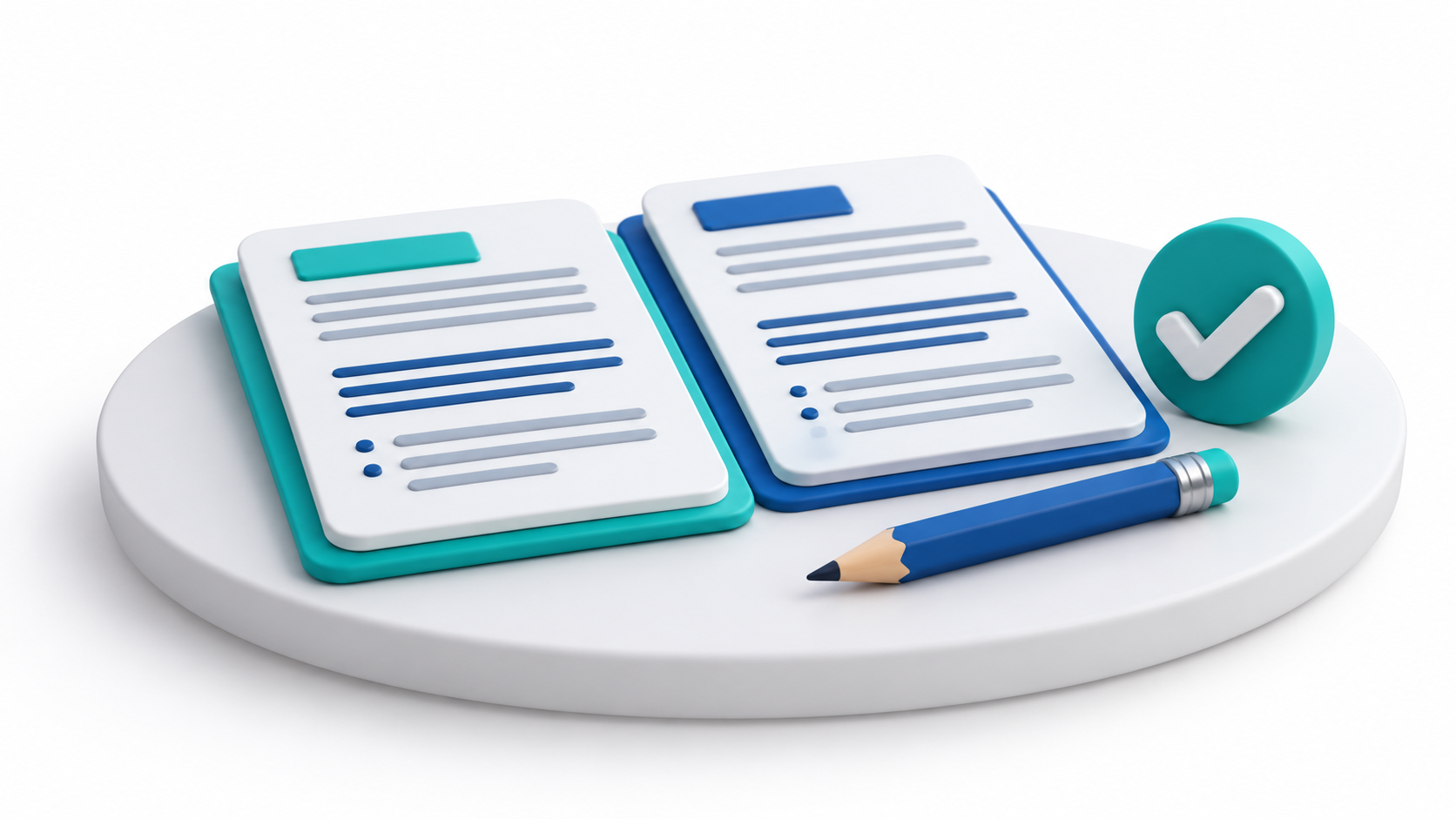 Original AI-generated clay illustration for 22 October 2026: two specification documents, a pencil and an approval check, illustrating professional review of suggested changes.