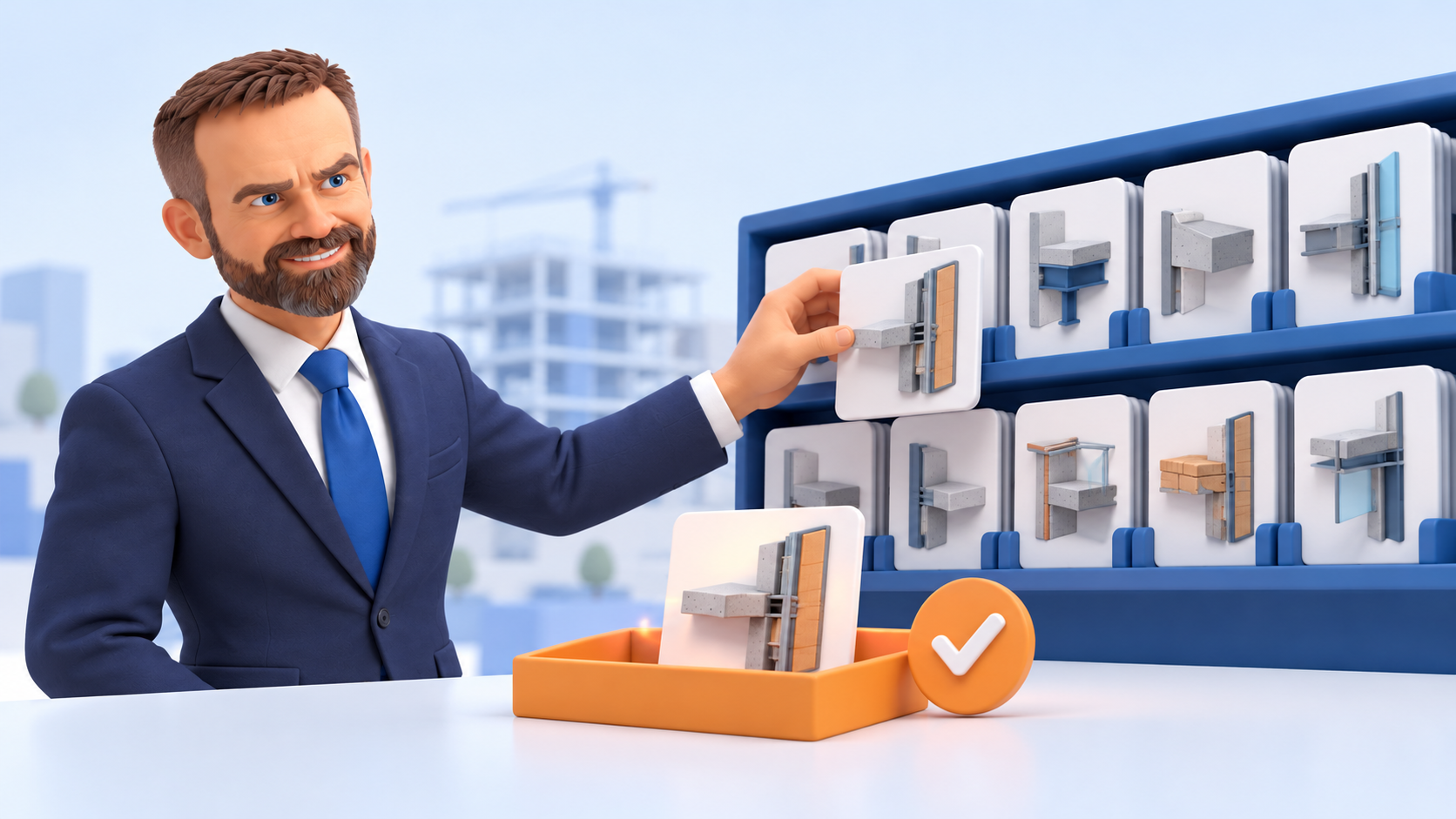 Original AI-generated clay artwork for 17 October 2026: Edgaras Timinskas reviews a library of building details and a checked model component, illustrating governed internal Revit tools.