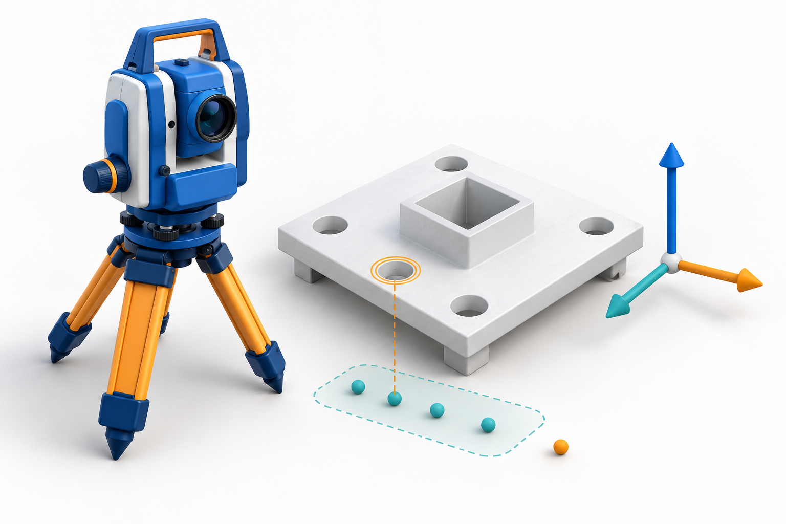 Original 11 October 2026 clay-style conceptual illustration: Trimble Access 2026.10: traceable field measurement. Not a product screenshot or verified project model.