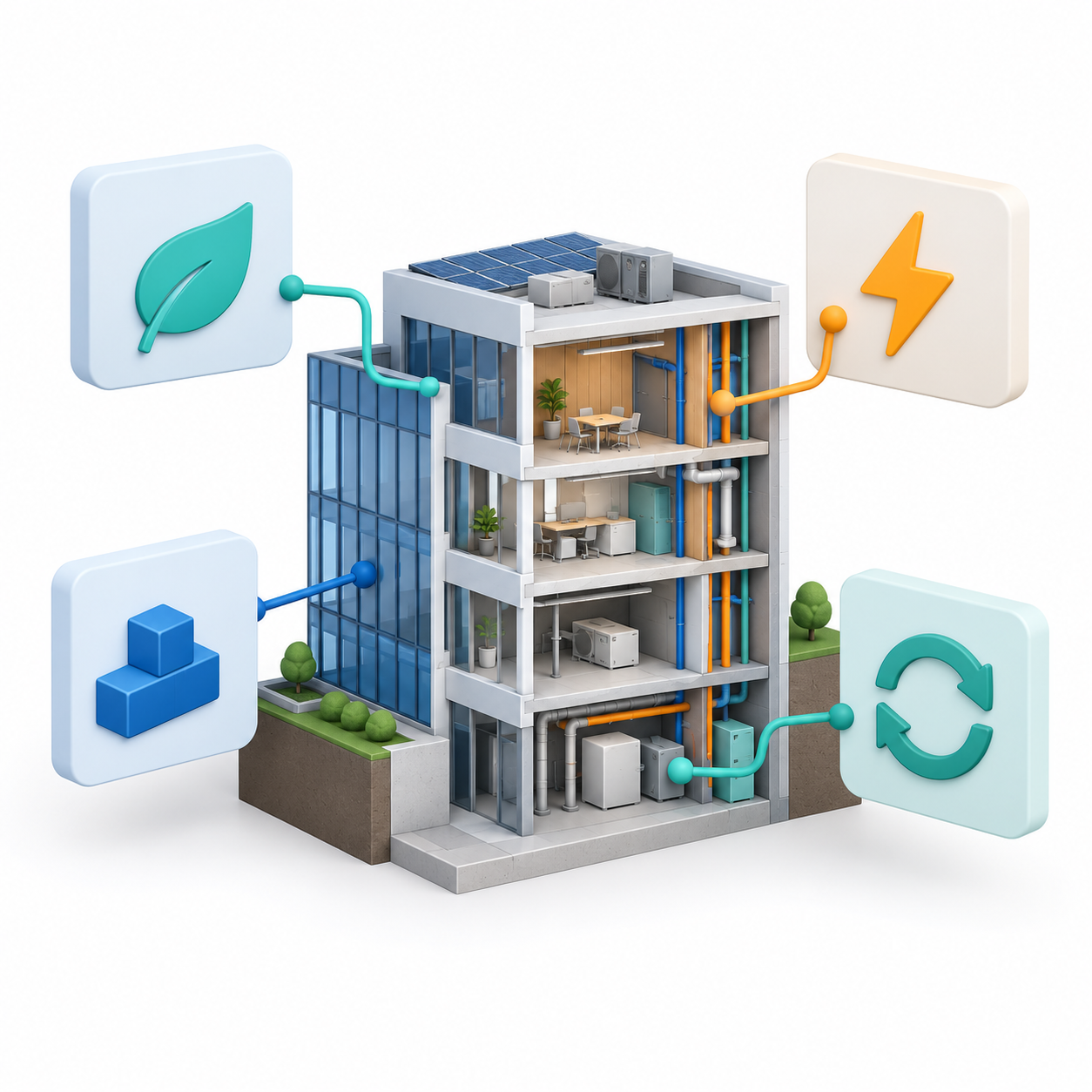 Original 9 October 2026 clay-style conceptual illustration: European funding for connected building information. Not a product screenshot or verified project model.