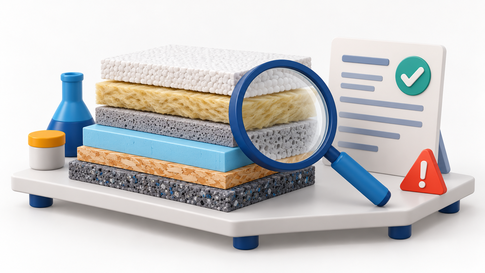 Original AI-generated clay artwork for 20 October 2026: insulation samples, laboratory tools and a declaration examined with a magnifying glass, illustrating verification of product properties.