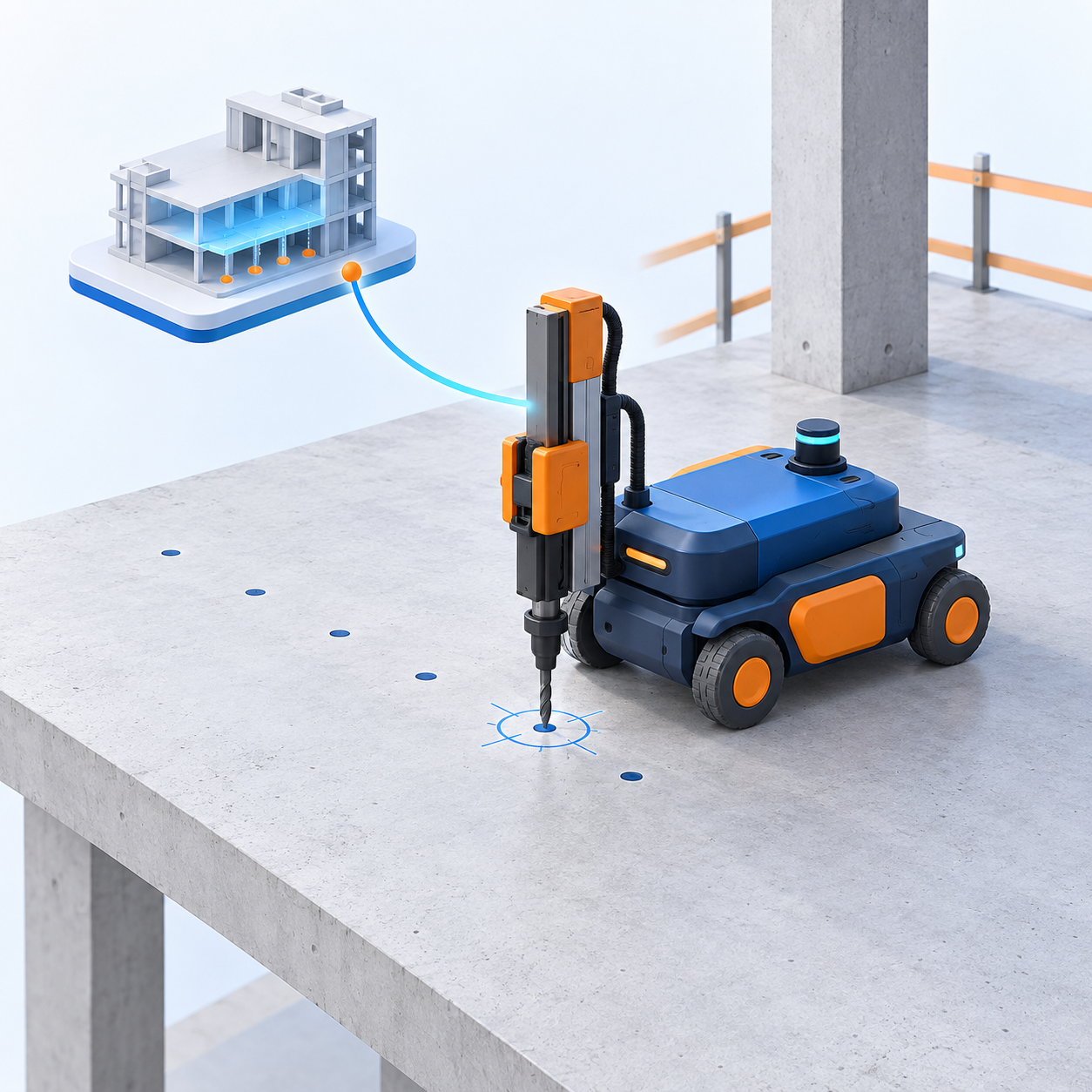 Original AI-generated clay artwork for 19 October 2026: a downward-drilling construction robot follows model-derived points on a slab; conceptual illustration, not a product photograph.