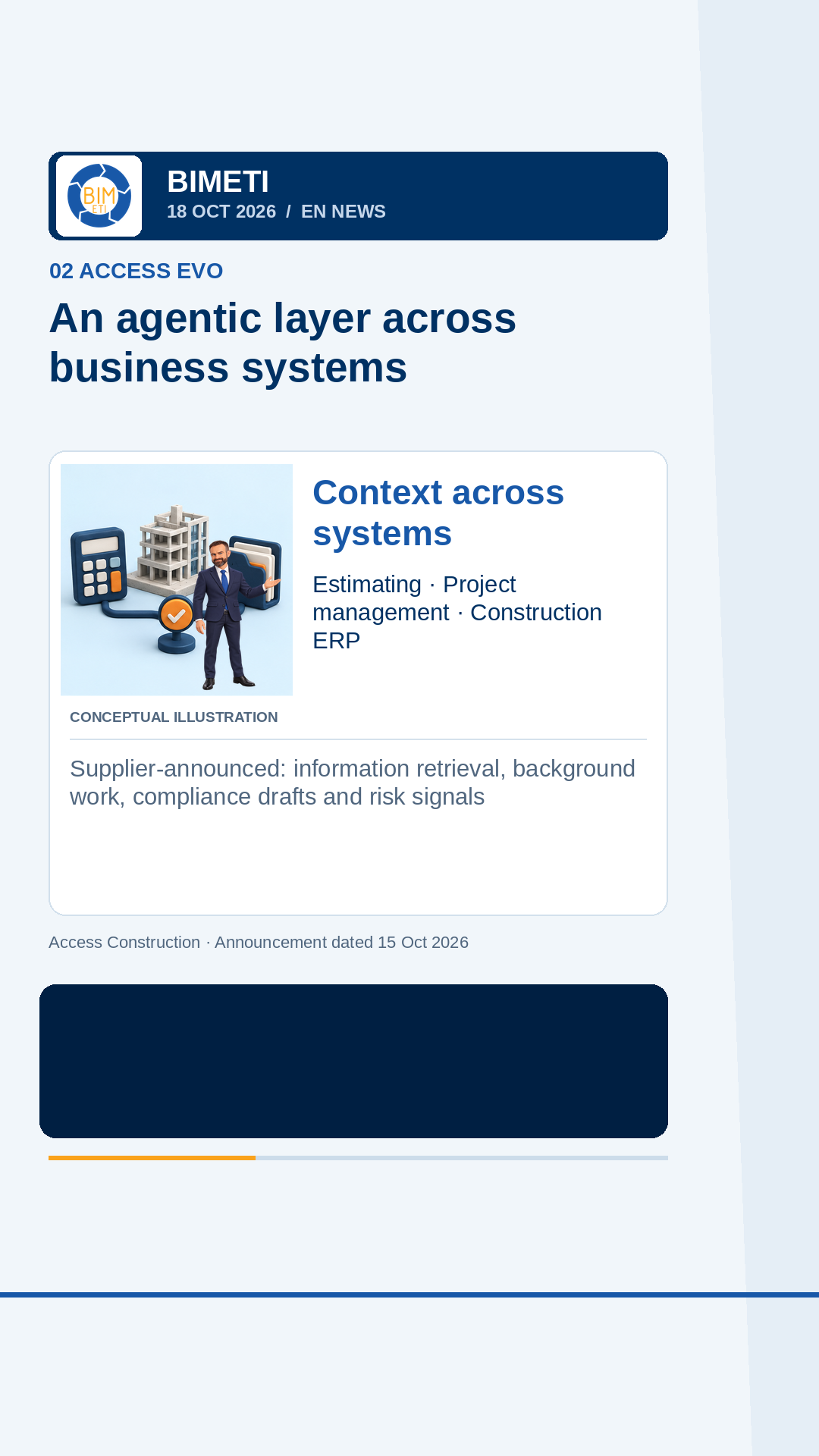 Original rendered 18 October 2026 story card: Access Evo agentic construction business systems and human approval points. Conceptual AI illustration, not a product screenshot.