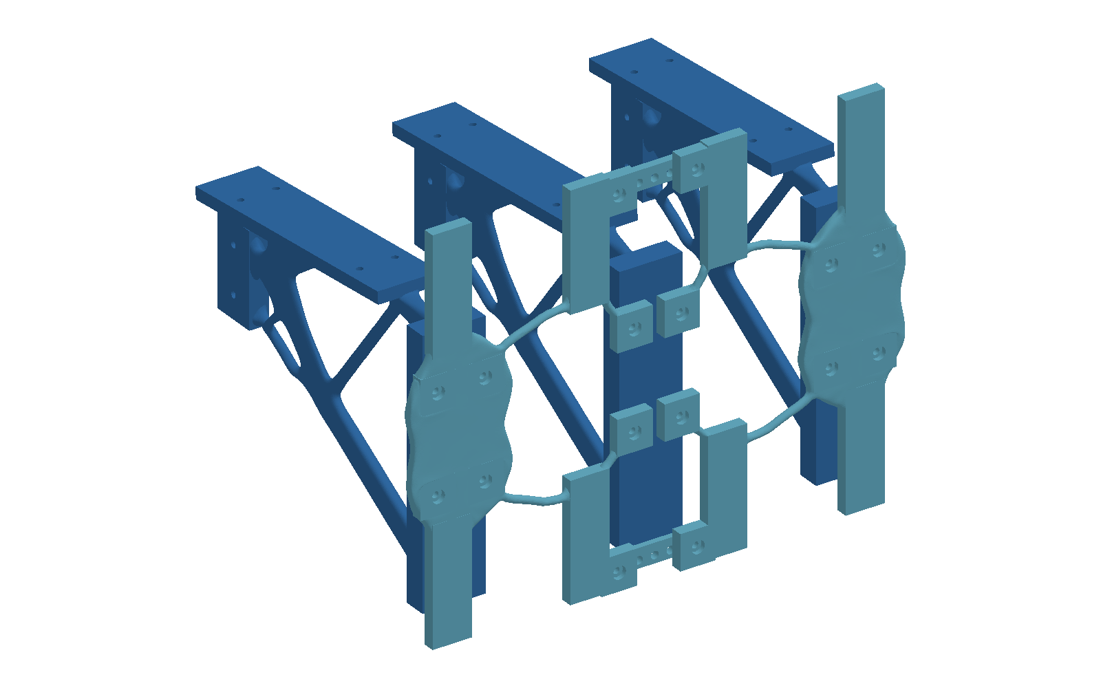 CAD assembly-guide view of two teal wall panels aligned with three blue support ribs before fitting the deck.