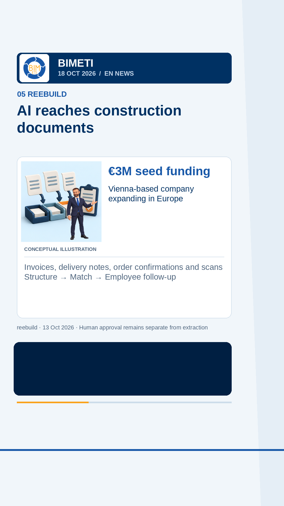 Original rendered 18 October 2026 story card: reebuild financial-document automation and exception handling. Conceptual AI illustration, not a product screenshot.