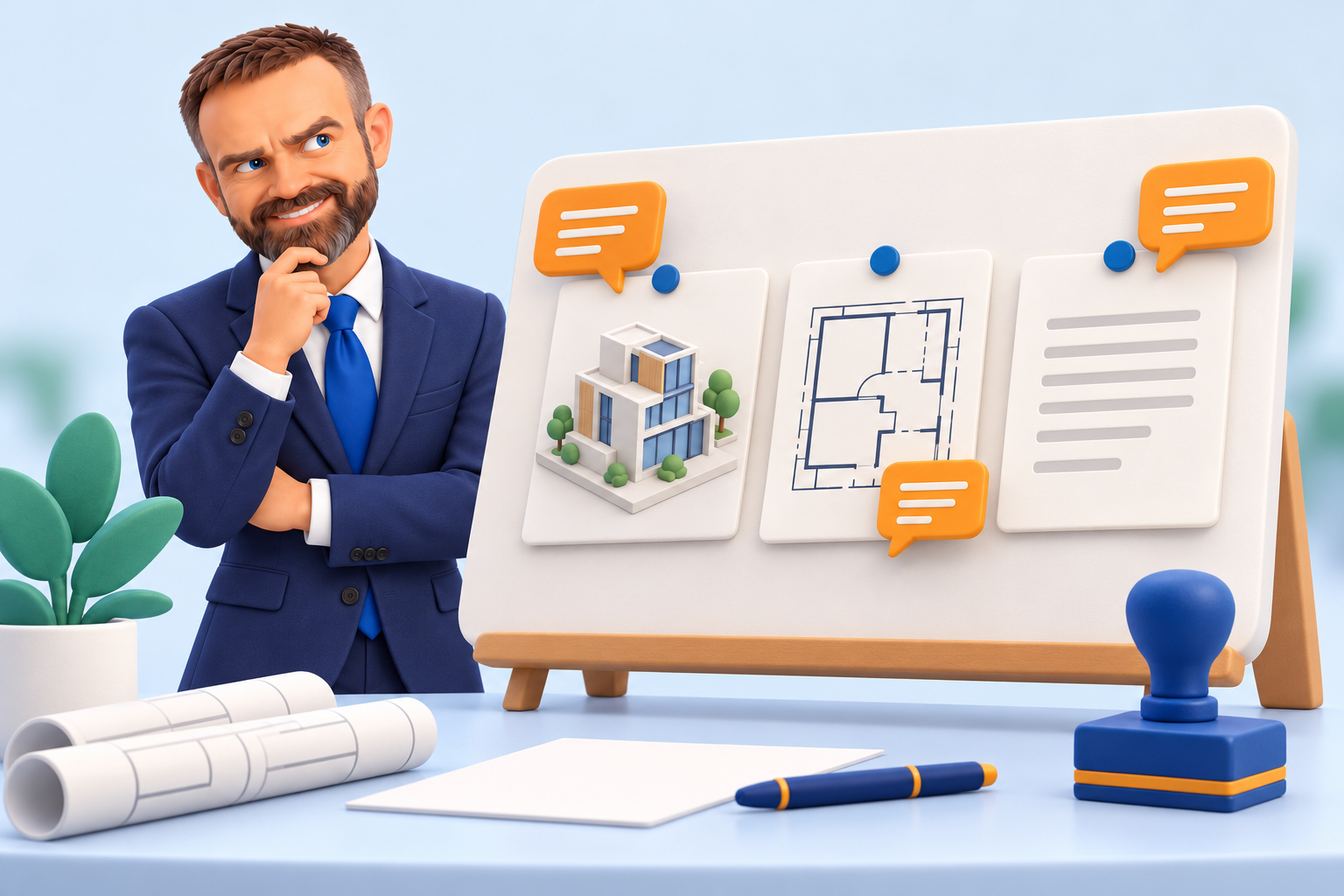 Original 15 October 2026 clay-style conceptual illustration: Forma board review. Not a product screenshot or verified project model.