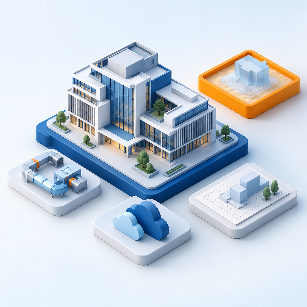Original AI-generated clay artwork for 19 October 2026: a building model surrounded by connected design and cloud tools, illustrating the Graphisoft portfolio and separate experimental capabilities.