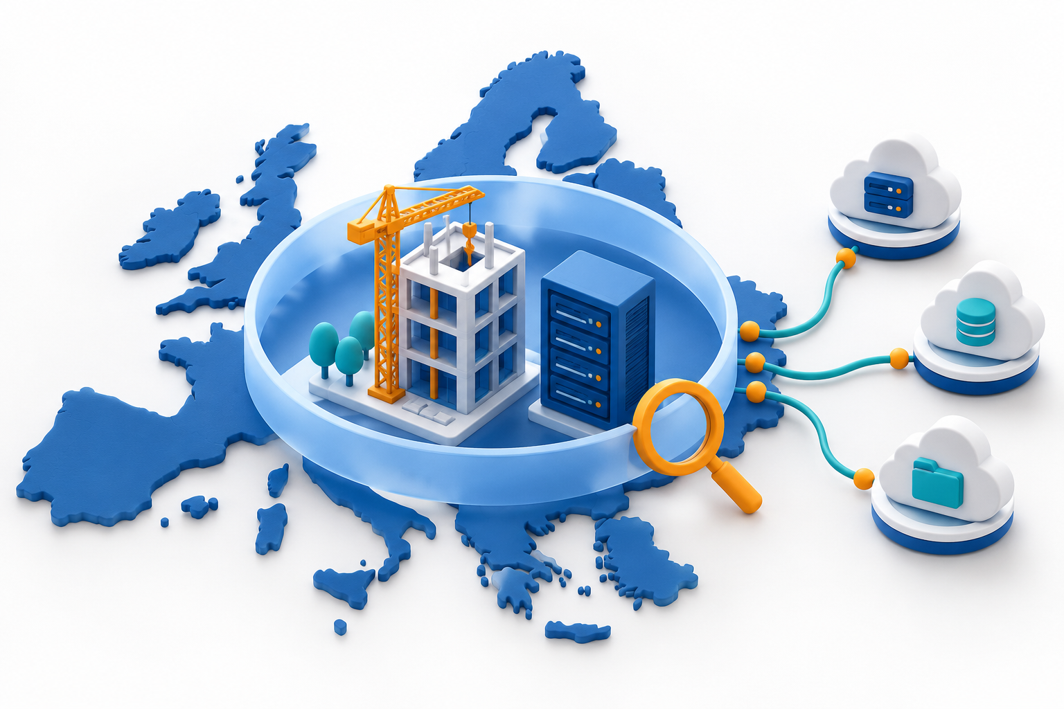 Original 10 October 2026 clay-style conceptual illustration: Procore Europe Application Zone: follow the whole data journey. Not a product screenshot or verified project model.