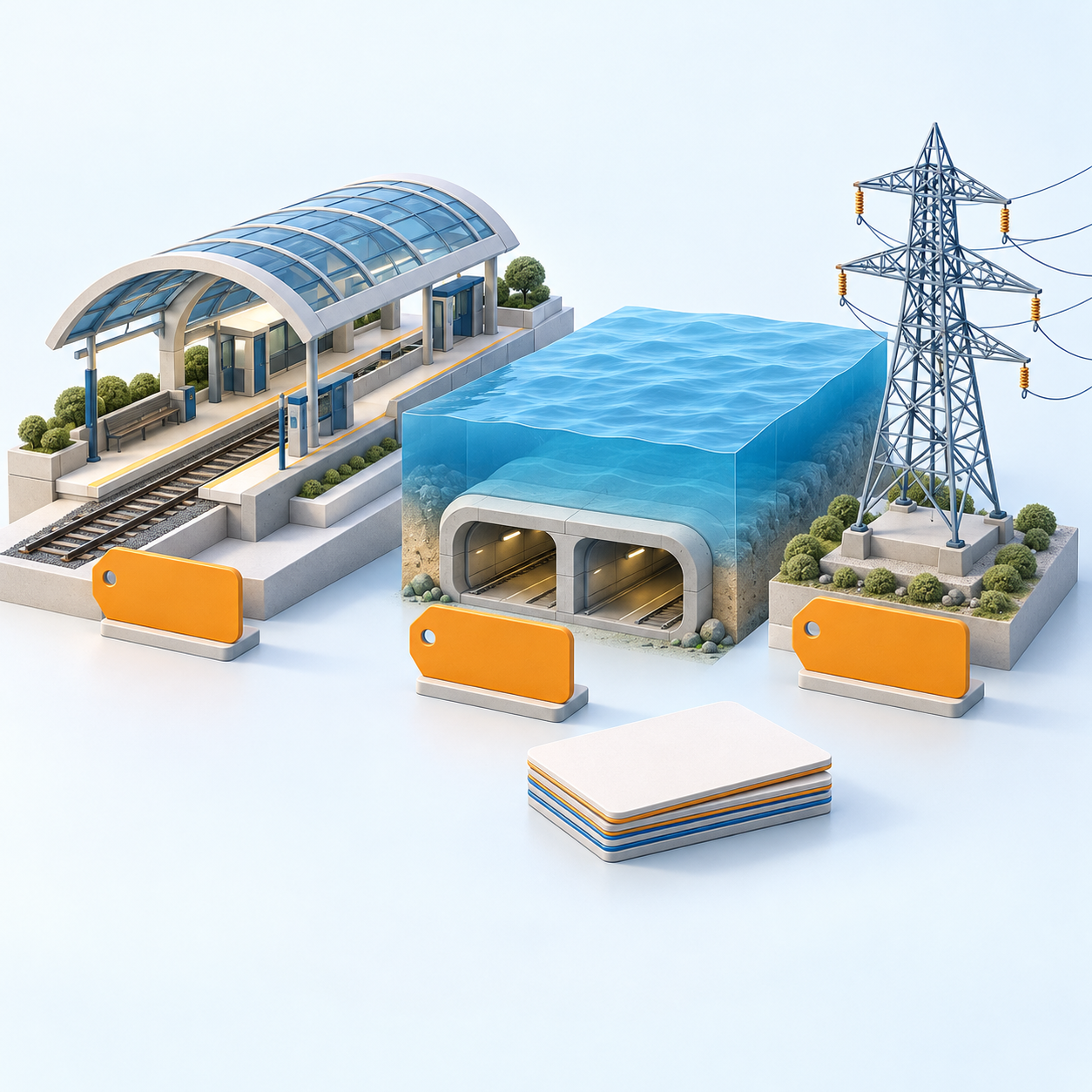 Original AI-generated clay artwork for 19 October 2026: a railway station, immersed tunnel and electricity pylon with requirement cards, illustrating infrastructure interoperability.