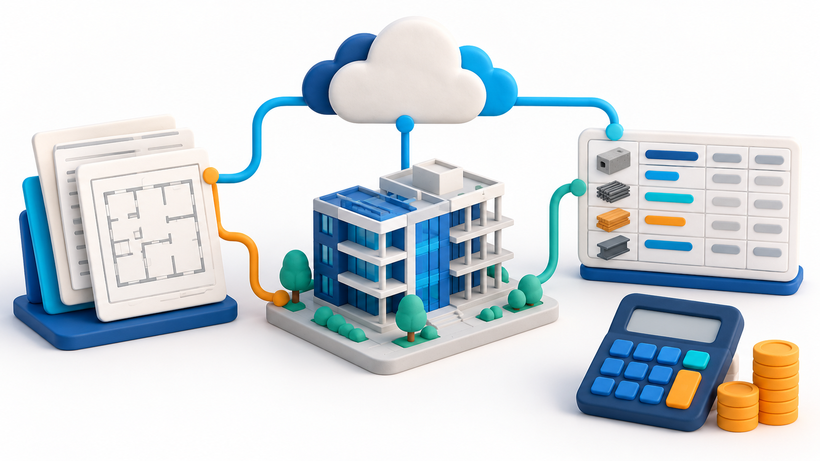 Original AI-generated clay artwork for 20 October 2026: drawings, a building model, cloud services and cost calculations connected in one workflow, illustrating RIB Unify.