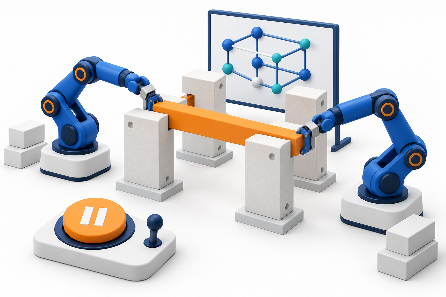 Original 10 October 2026 clay-style conceptual illustration: Multi-robot construction: human approval before execution. Not a product screenshot or verified project model.