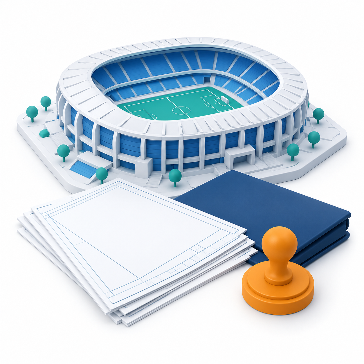 Original 9 October 2026 clay-style conceptual illustration: The HKS stadium model enters the contract. Not a product screenshot or verified project model.