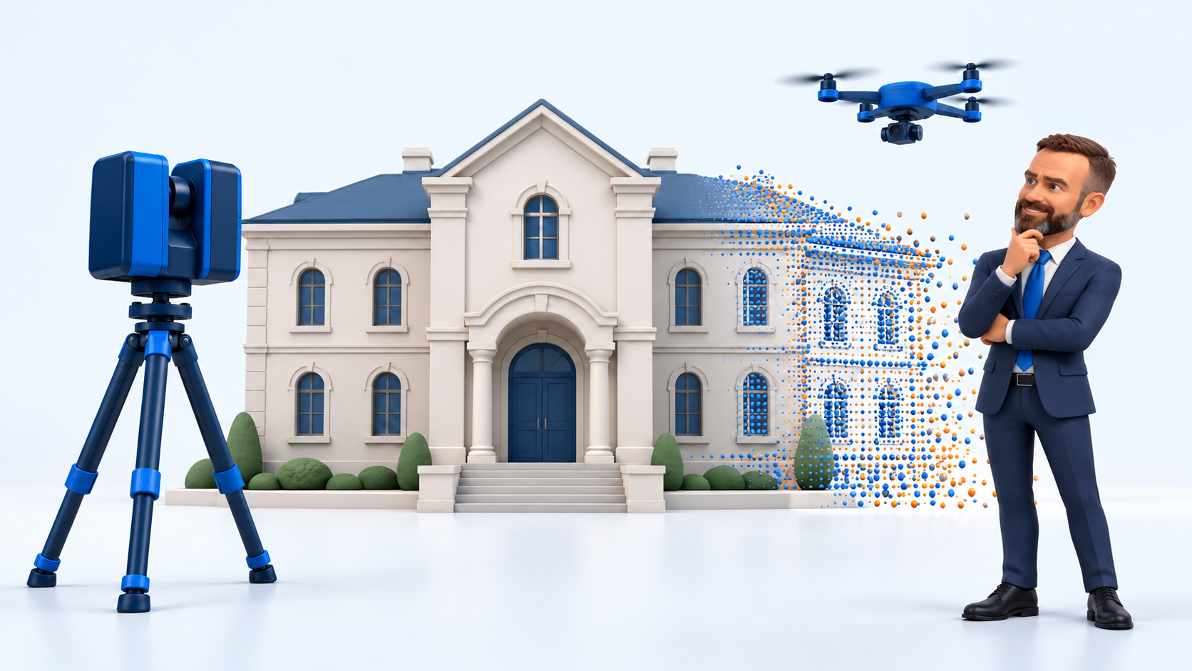 Original 13 October 2026 clay-style conceptual illustration: Reality capture needs provenance, not only geometry. Not a product screenshot or verified project model.