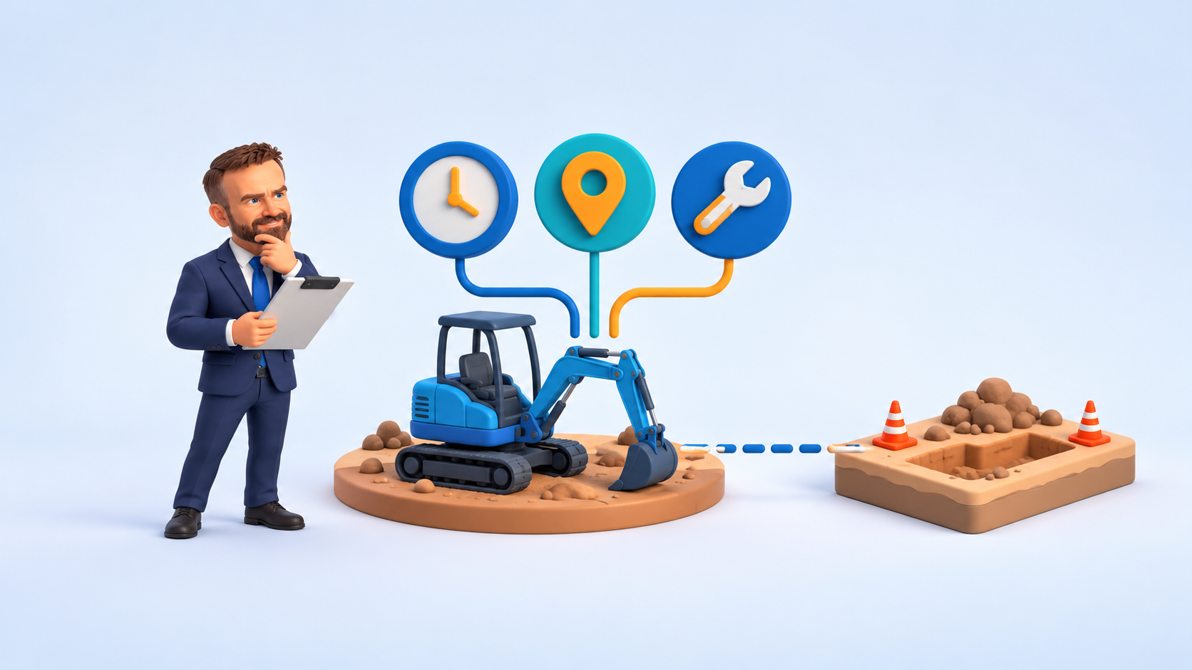Conceptual clay excavator linked to location, time and maintenance symbols.