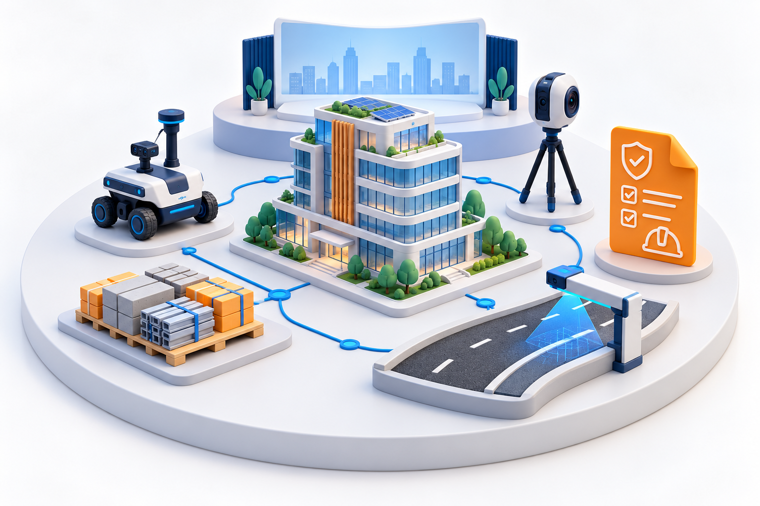 Original 14 October 2026 clay-style conceptual illustration: construction startups and workflow integration. Not a product screenshot or verified project model.