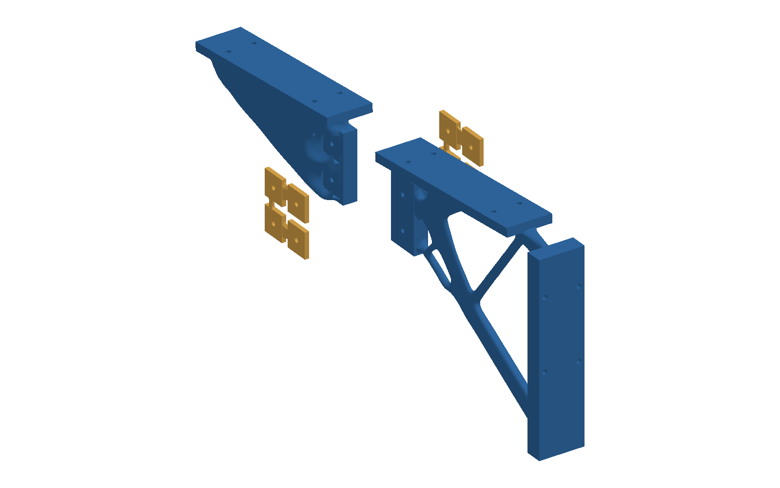 Exploded CAD view of front and rear rib sections with two splice plates on opposite sides of the joint.