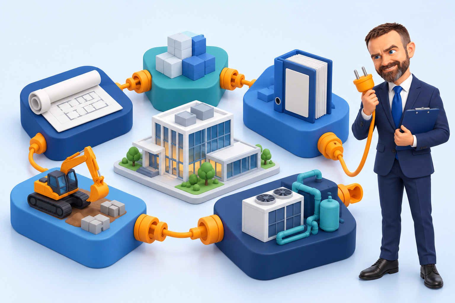 Original 15 October 2026 clay-style conceptual illustration: construction technology lifecycle ecosystem. Not a product screenshot or verified project model.