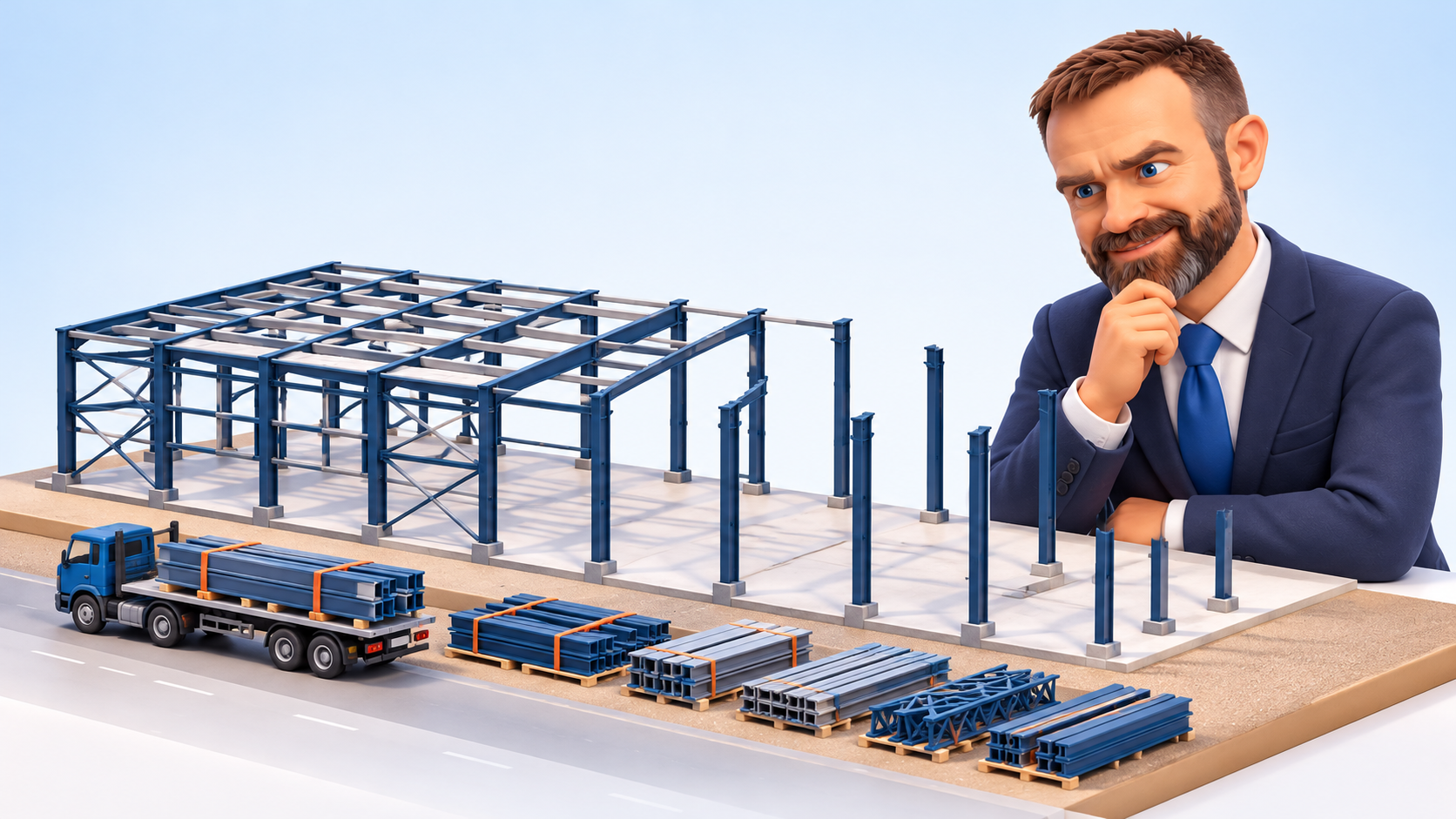 Original AI-generated clay artwork for 17 October 2026: Edgaras Timinskas beside a steel frame, delivery truck and sequenced steel packages, illustrating model-driven erection planning.