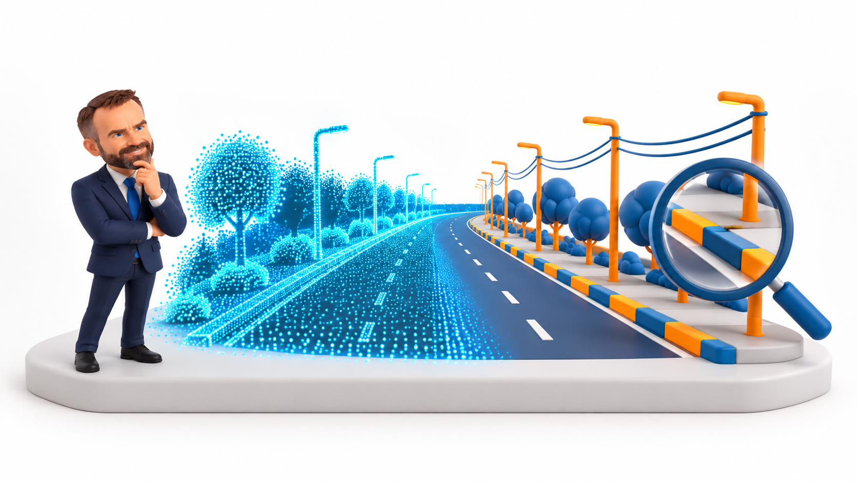 Conceptual clay road scene transitioning from point-cloud observations to reviewed survey features.