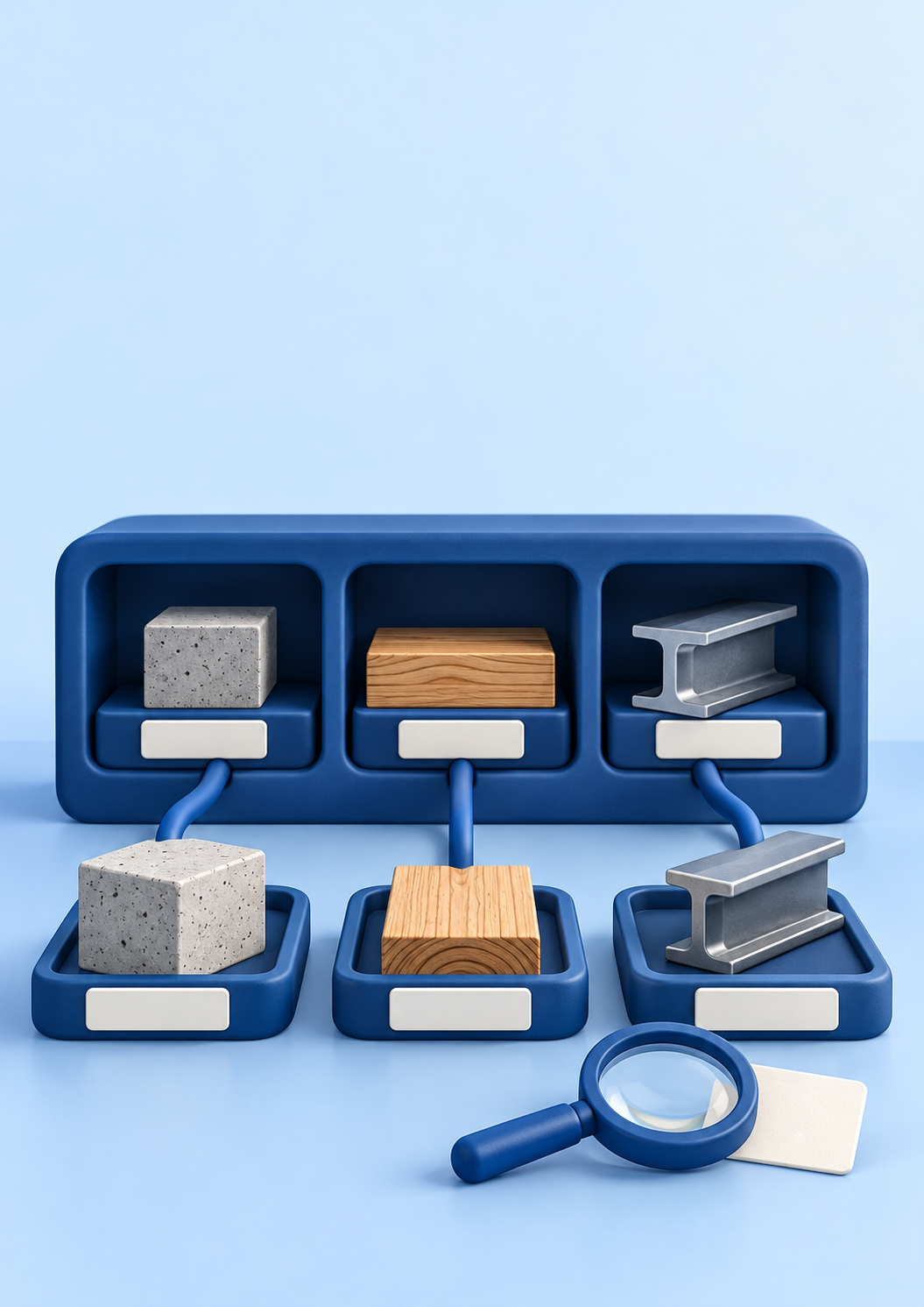 Clay-style material samples in a blue library with a magnifying glass, illustrating careful review without changing original material names.