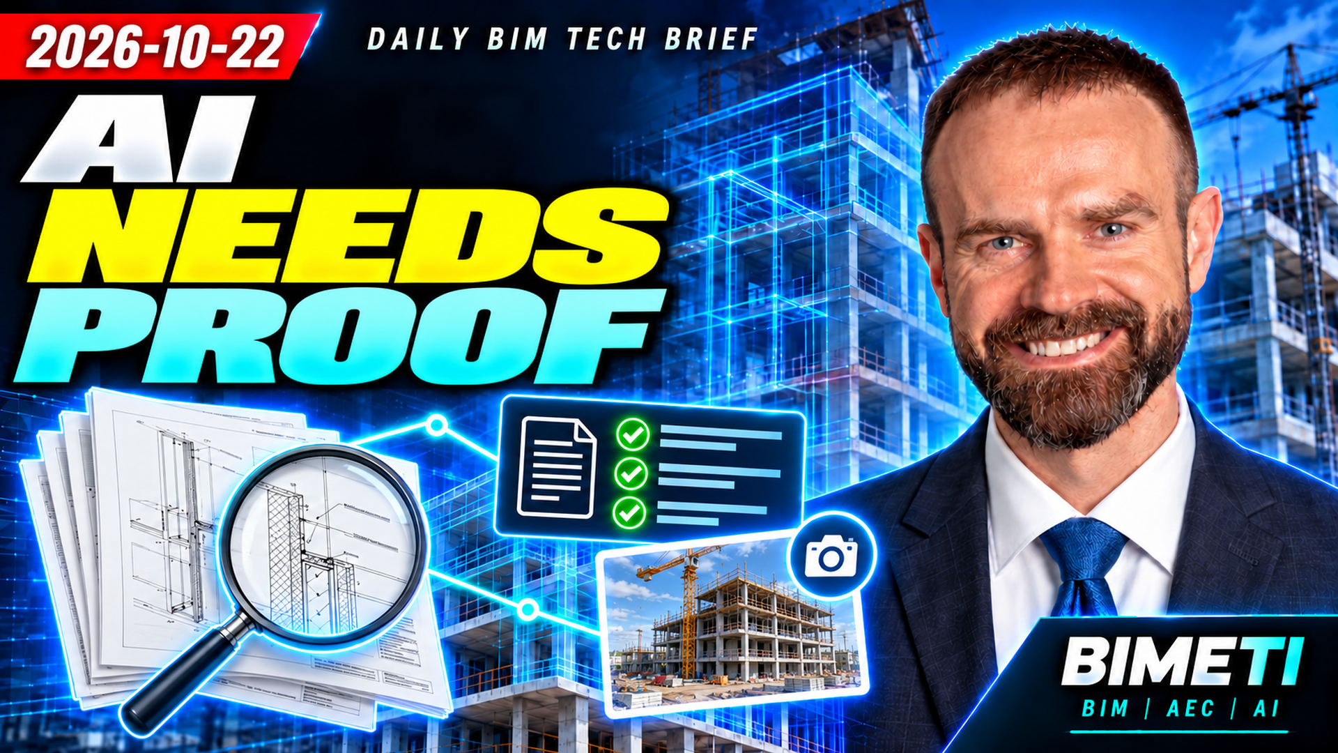 BIMETI news thumbnail for 22 October 2026: Can Construction AI Show Its Evidence? Original edition artwork with Edgaras Timinskas.