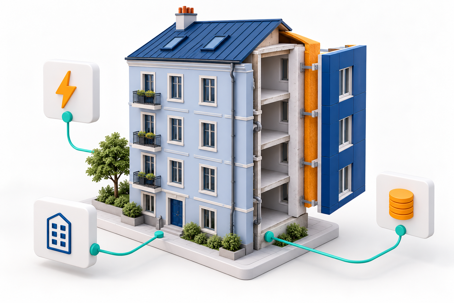 Original 11 October 2026 clay-style conceptual illustration: Building renovation plans need governed asset data. Not a product screenshot or verified project model.