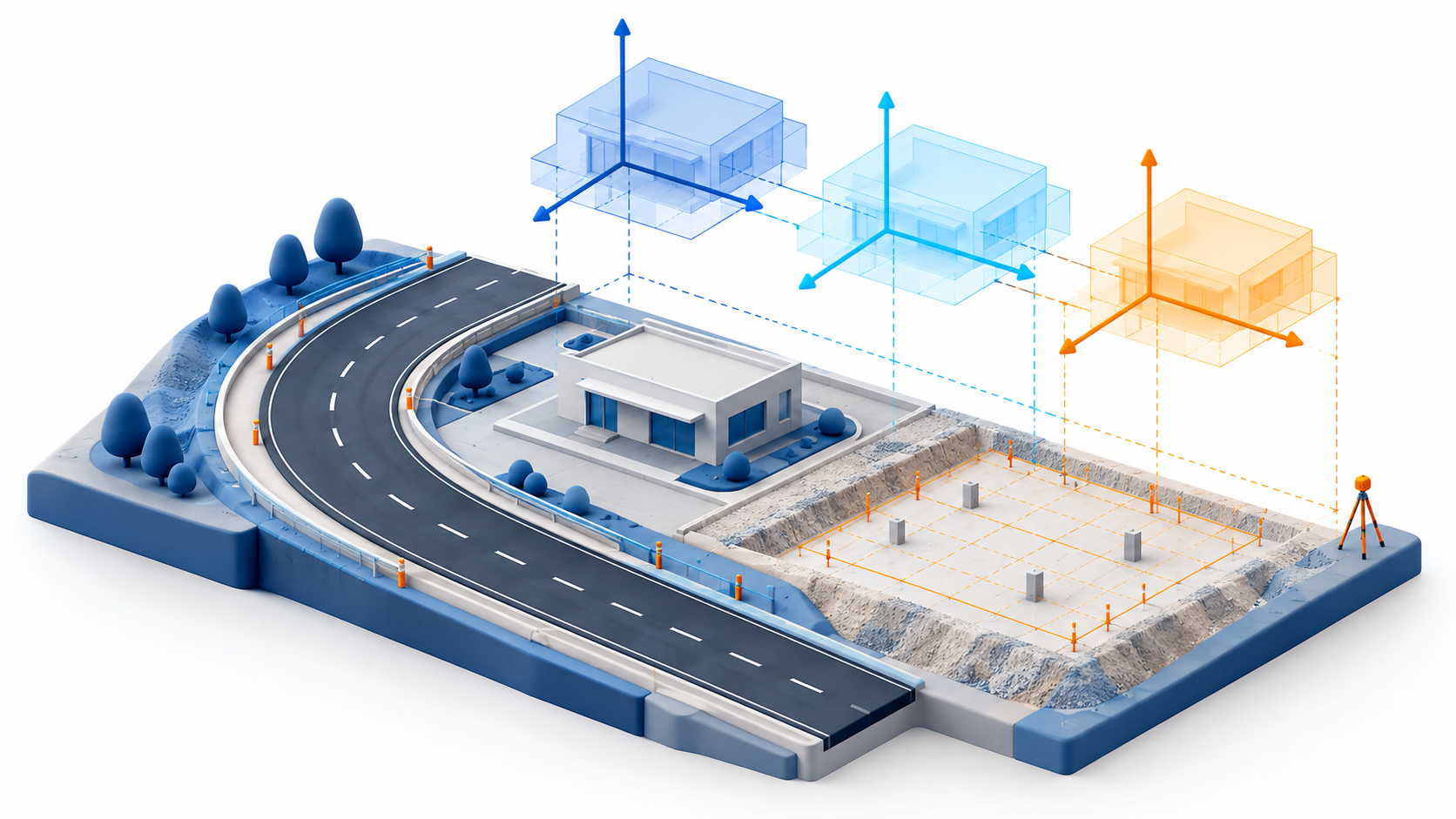 AI-generated clay illustration of a road, building, survey grid and coordinate axes: a conceptual civil–architecture alignment check.
