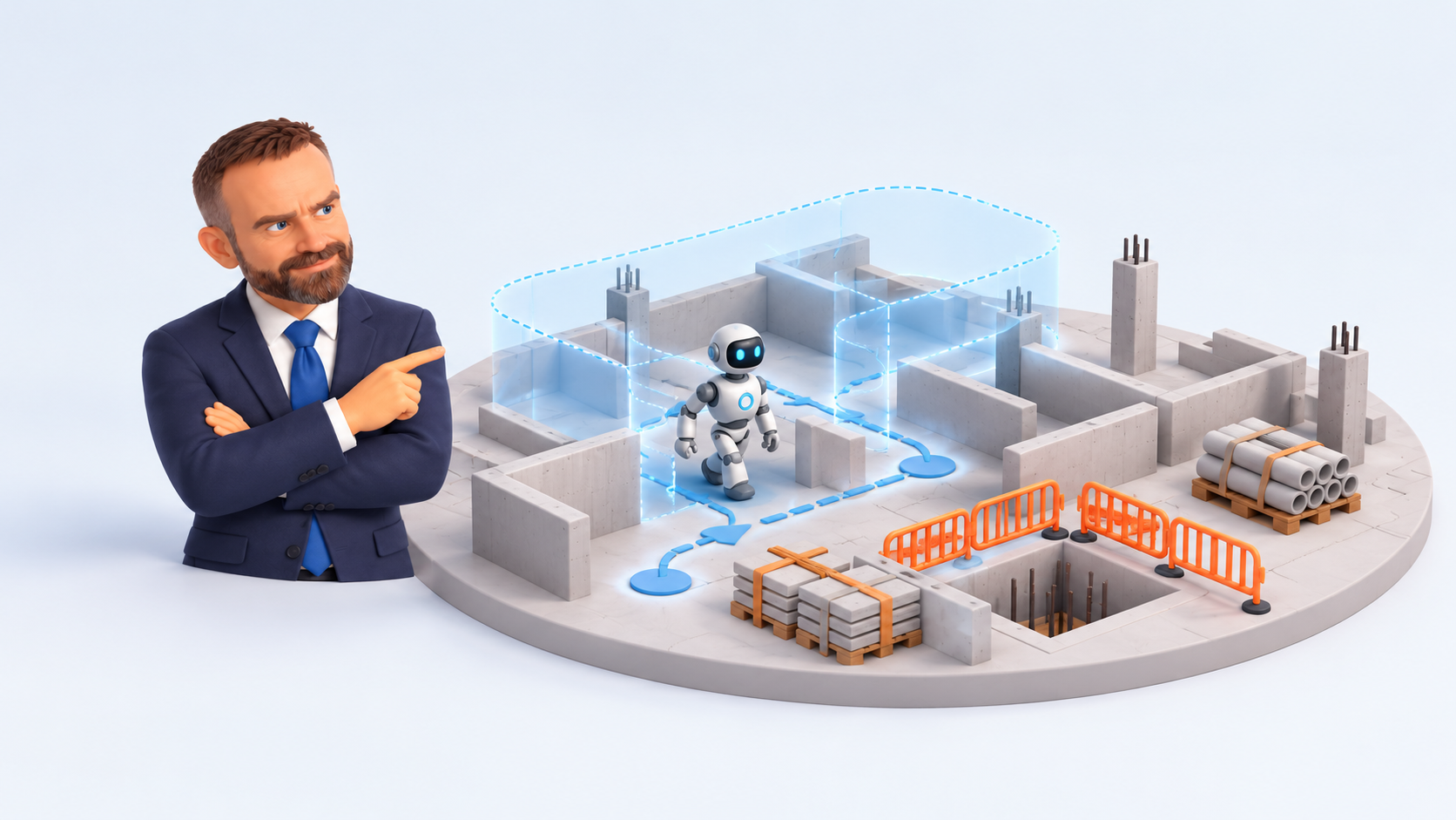 Conceptual clay robot navigating a BIM model with temporary site barriers.