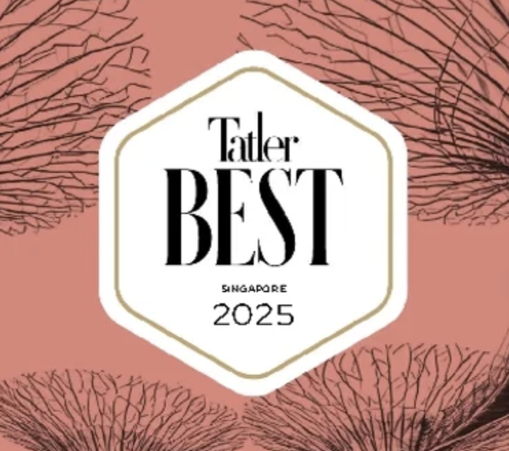 Design featuring stylized eye lashes around a central hexagonal badge with the text 'Tatler BEST SINGAPORE 2025' on a pink background.