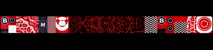 A digital banner with various red, black, and white patterns, including spiderweb designs, geometric shapes, and text elements that spell out 'BOOM' and other symbols.
