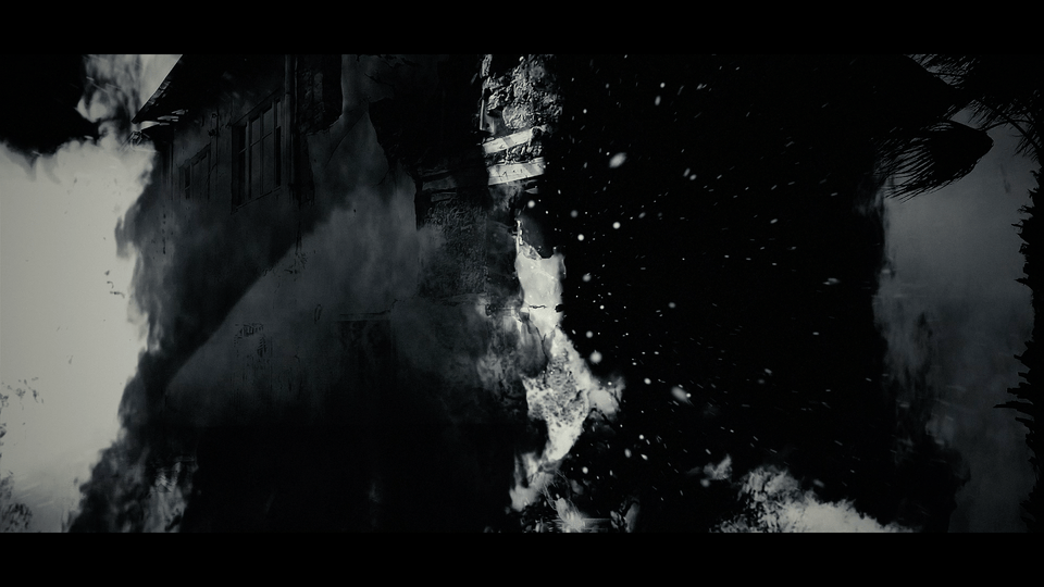 A dark, abstract scene with buildings, smoke, and debris, with a central explosion or burst effect.