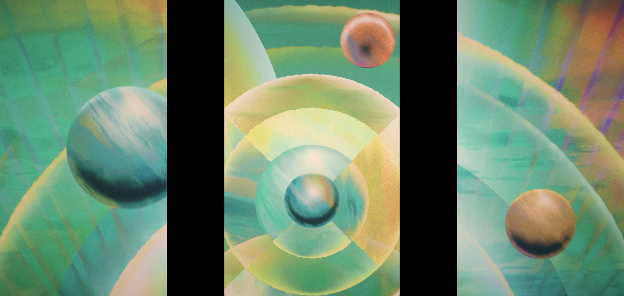 Digital artwork depicting planets and geometric shapes with a pastel color palette, creating a surreal outer space scene.