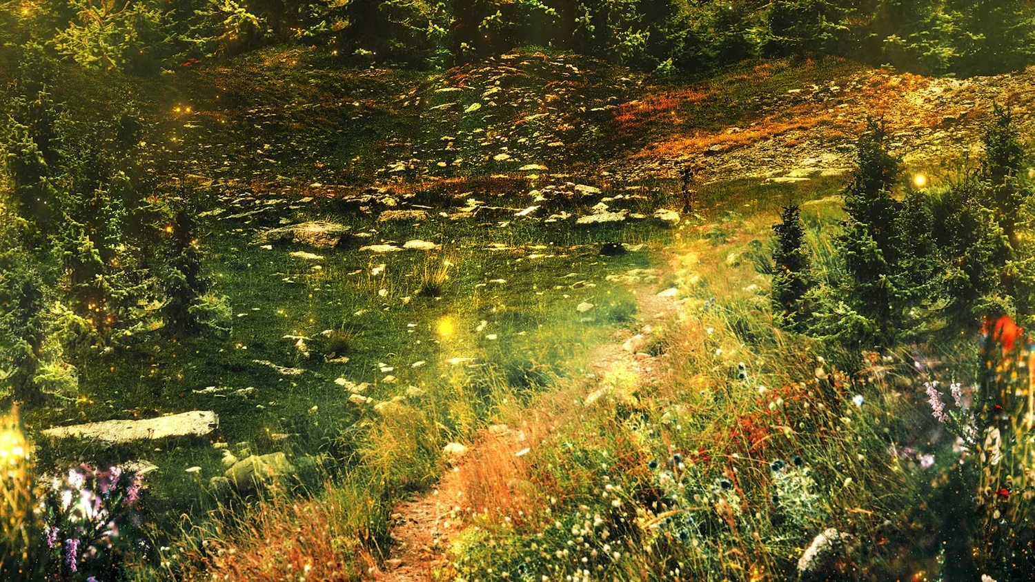 A lush, green forest with a winding dirt trail, surrounded by wildflowers and tall trees, viewed under a warm, glowing light.