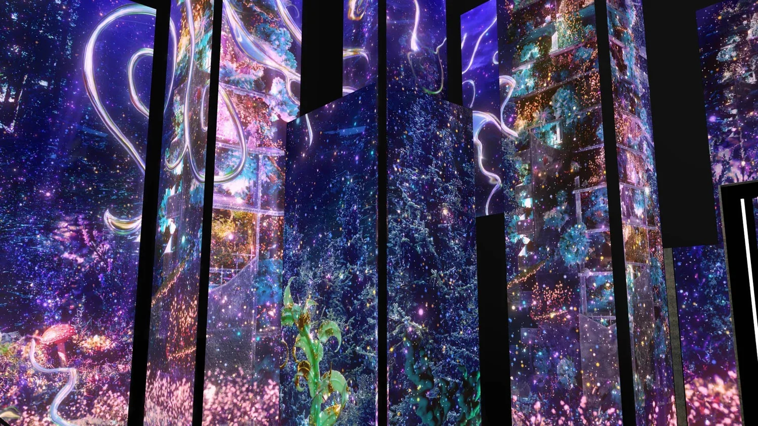 Colorful digital art installation with LED screens displaying vibrant galaxy and abstract patterns.