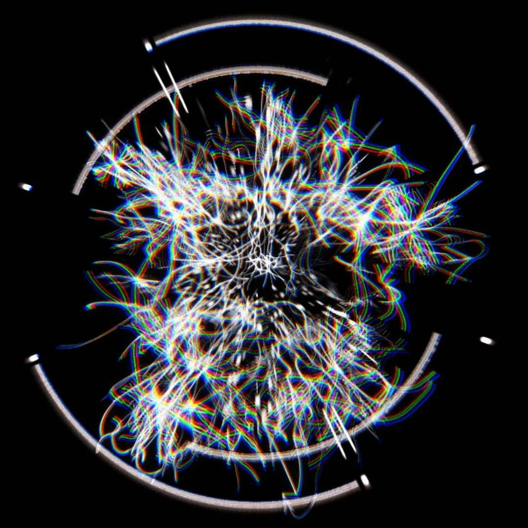 Abstract light trails creating a fireworks-like pattern on a black background.