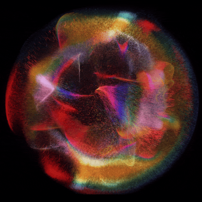 Colorful, abstract digital art resembling a glowing, spherical shape with swirling patterns and vibrant hues of red, yellow, purple, and green on a black background.