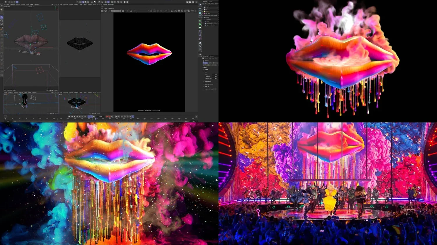 A stage performance with colorful digital art featuring a floating lips sculpture emitting vibrant, rainbow-colored smoke and flames against a dynamic, multicolored background with a crowd in attendance.